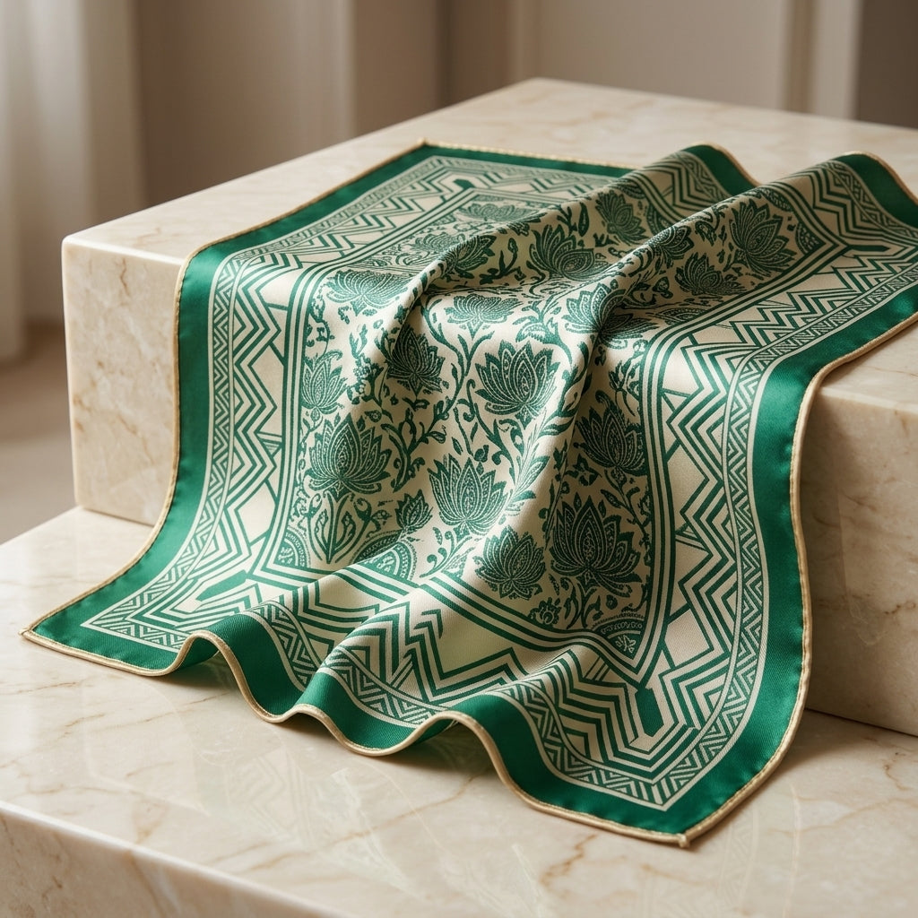 Imperial Emerald & Gold Lotus Woven Silk Square Scarf – Deep Emerald Green, Ivory Silk & Champagne Gold Piping