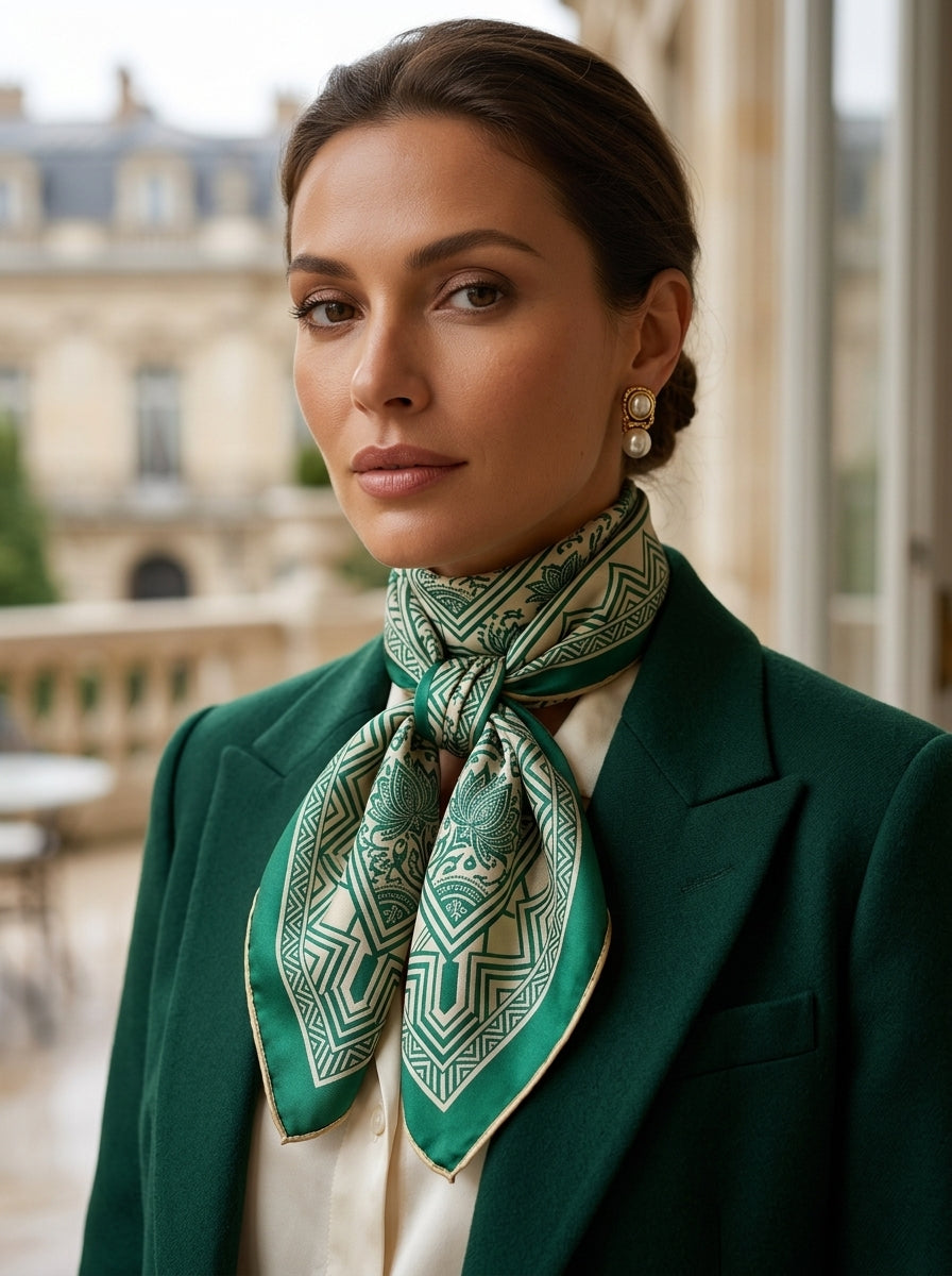 Imperial Emerald & Gold Lotus Woven Silk Square Scarf – Deep Emerald Green, Ivory Silk & Champagne Gold Piping