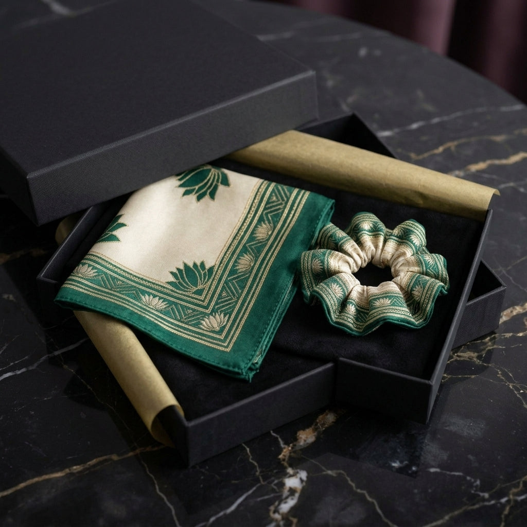 Luxury Silk Gift Set: Imperial Emerald Green Silk Square Scarf & Matching 100% Mulberry Silk Scrunchie