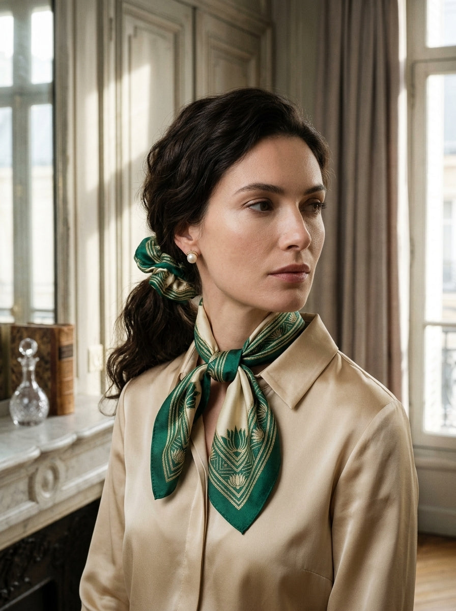 Luxury Silk Gift Set: Imperial Emerald Green Silk Square Scarf & Matching 100% Mulberry Silk Scrunchie