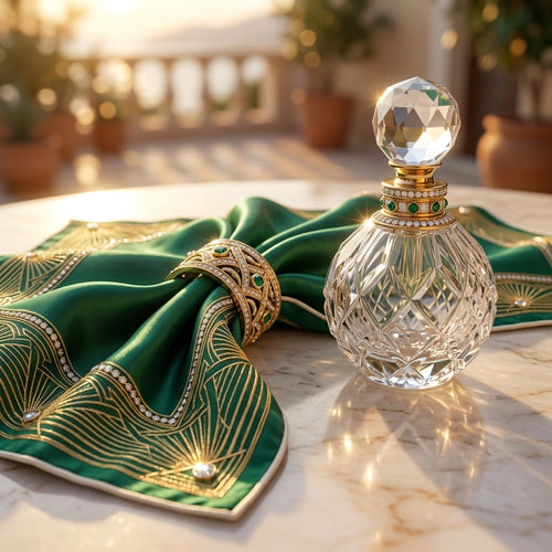 Haute Couture Super Luxury Silk Scarf – Imperial Emerald Green, Pure 24K Gold Wire Embroidery & Genuine Diamond Bezel Studs