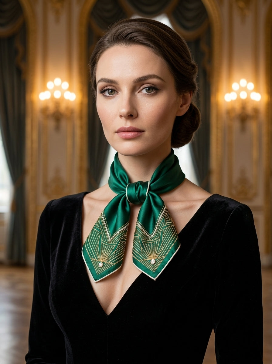 Haute Couture Super Luxury Silk Scarf – Imperial Emerald Green, Pure 24K Gold Wire Embroidery & Genuine Diamond Bezel Studs