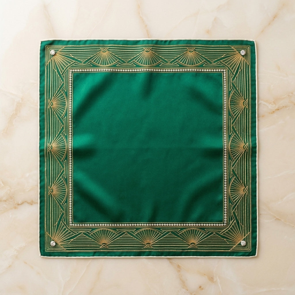 Haute Couture Super Luxury Silk Scarf – Imperial Emerald Green, Pure 24K Gold Wire Embroidery & Genuine Diamond Bezel Studs