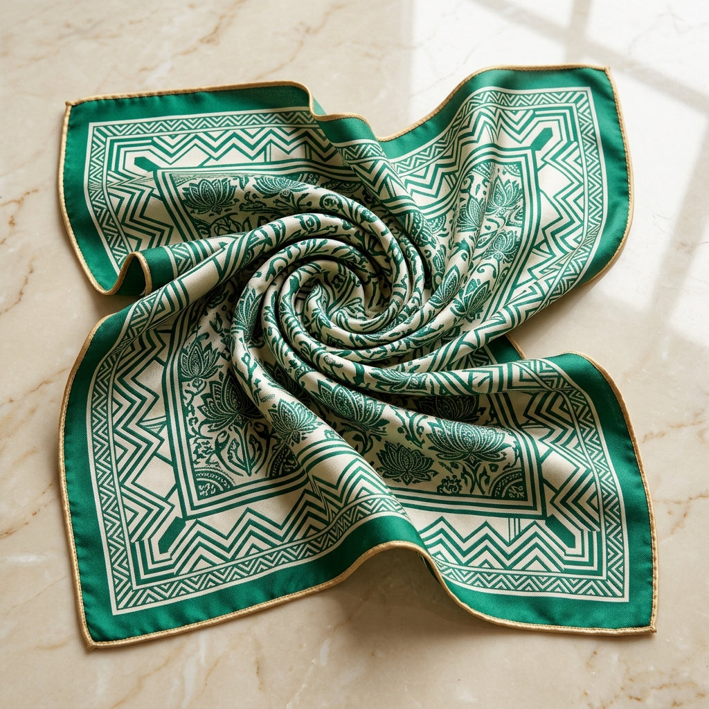 Imperial Emerald & Gold Lotus Woven Silk Square Scarf – Deep Emerald Green, Ivory Silk & Champagne Gold Piping