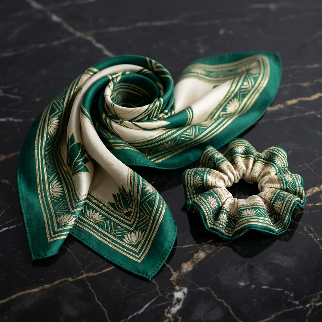 Luxury Silk Gift Set: Imperial Emerald Green Silk Square Scarf & Matching 100% Mulberry Silk Scrunchie