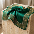 Haute Couture Super Luxury Silk Scarf – Imperial Emerald Green, Pure 24K Gold Wire Embroidery & Genuine Diamond Bezel Studs